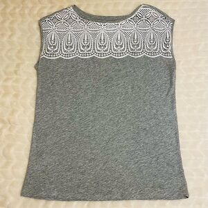 EUC- LOFT Gray and White Blouse with Intricate Lace Detail